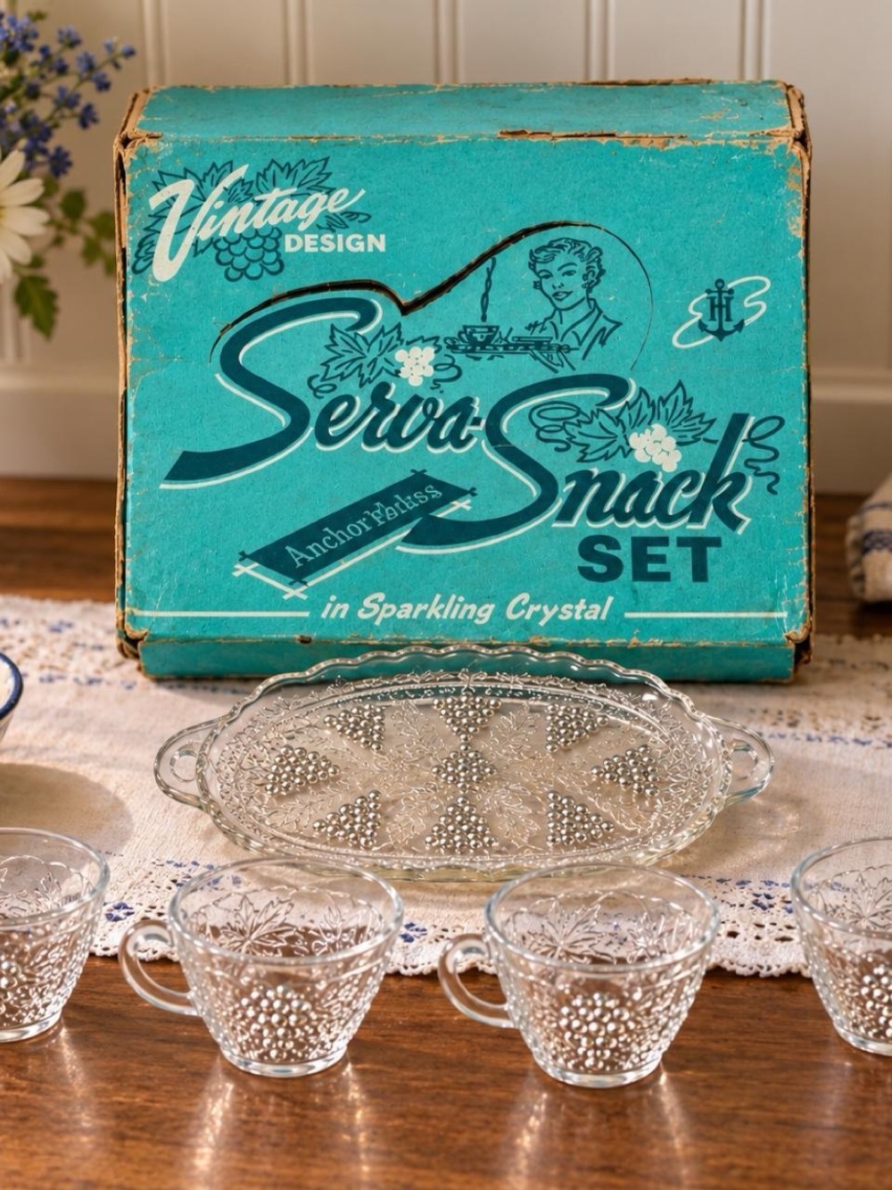 Anchor Hocking Clear Glass Serva-Snack Set with Tray and Cups